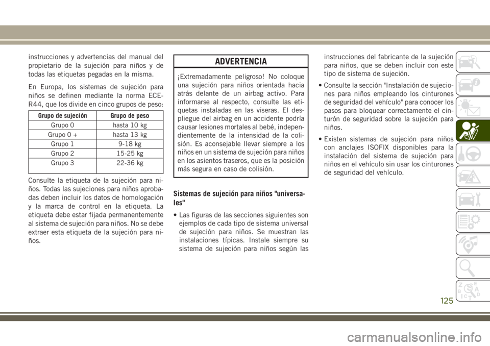 JEEP CHEROKEE 2018 Manual de Empleo y Cuidado (in Spanish) instrucciones y advertencias del manual del
propietario de la sujeción para niños y de
todas las etiquetas pegadas en la misma.
En Europa, los sistemas de sujeción para
niños se definen mediante l JEEP CHEROKEE 2018 Manual de Empleo y Cuidado (in Spanish) instrucciones y advertencias del manual del
propietario de la sujeción para niños y de
todas las etiquetas pegadas en la misma.
En Europa, los sistemas de sujeción para
niños se definen mediante l