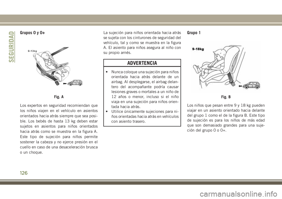 JEEP CHEROKEE 2018 Manual de Empleo y Cuidado (in Spanish) Grupos0y0+
Los expertos en seguridad recomiendan que
los niños viajen en el vehículo en asientos
orientados hacia atrás siempre que sea posi-
ble. Los bebés de hasta 13 kg deben estar
sujetos en a JEEP CHEROKEE 2018 Manual de Empleo y Cuidado (in Spanish) Grupos0y0+
Los expertos en seguridad recomiendan que
los niños viajen en el vehículo en asientos
orientados hacia atrás siempre que sea posi-
ble. Los bebés de hasta 13 kg deben estar
sujetos en a