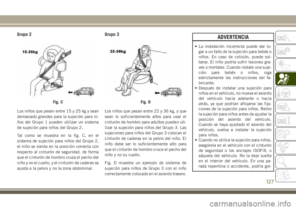 JEEP CHEROKEE 2018 Manual de Empleo y Cuidado (in Spanish) Grupo 2
Los niños que pesen entre 15 y 25 kg y sean
demasiado grandes para la sujeción para ni-
ños del Grupo 1 pueden utilizar un sistema
de sujeción para niños del Grupo 2.
Tal como se muestra JEEP CHEROKEE 2018 Manual de Empleo y Cuidado (in Spanish) Grupo 2
Los niños que pesen entre 15 y 25 kg y sean
demasiado grandes para la sujeción para ni-
ños del Grupo 1 pueden utilizar un sistema
de sujeción para niños del Grupo 2.
Tal como se muestra