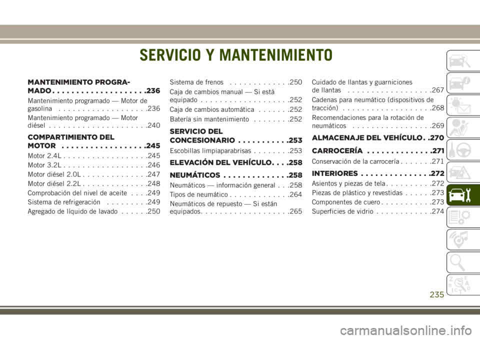 JEEP CHEROKEE 2018 Manual de Empleo y Cuidado (in Spanish) SERVICIO Y MANTENIMIENTO
MANTENIMIENTO PROGRA-
MADO....................236
Mantenimiento programado — Motor de
gasolina...................236
Mantenimiento programado — Motor
diésel.............. JEEP CHEROKEE 2018 Manual de Empleo y Cuidado (in Spanish) SERVICIO Y MANTENIMIENTO
MANTENIMIENTO PROGRA-
MADO....................236
Mantenimiento programado — Motor de
gasolina...................236
Mantenimiento programado — Motor
diésel..............