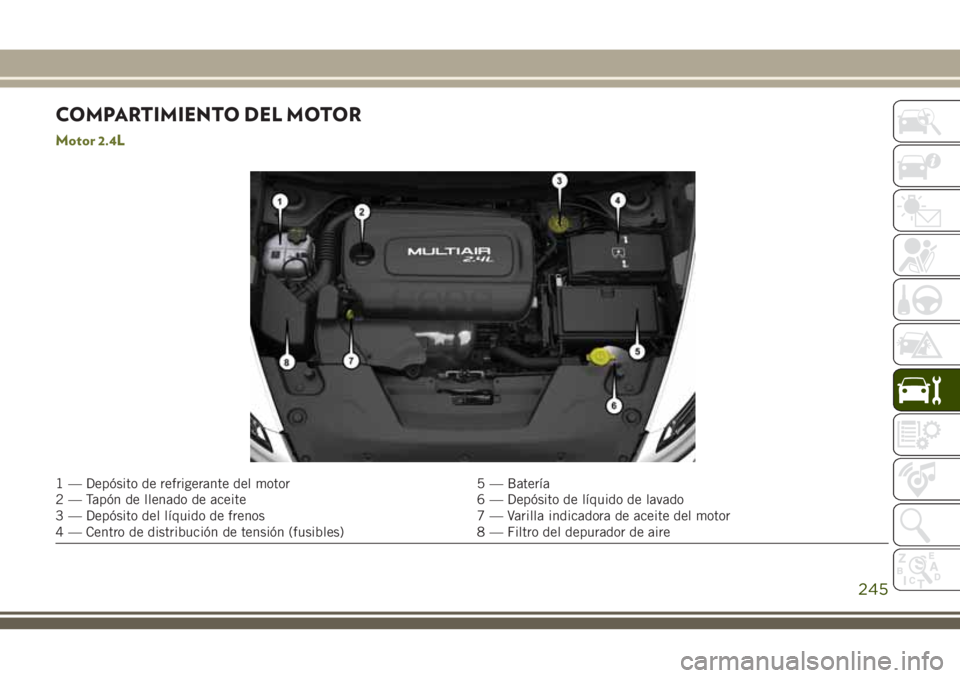 JEEP CHEROKEE 2018  Manual de Empleo y Cuidado (in Spanish) COMPARTIMIENTO DEL MOTOR
Motor 2.4L
1 — Depósito de refrigerante del motor 5 — Batería
2 — Tapón de llenado de aceite 6 — Depósito de líquido de lavado
3 — Depósito del líquido de fre