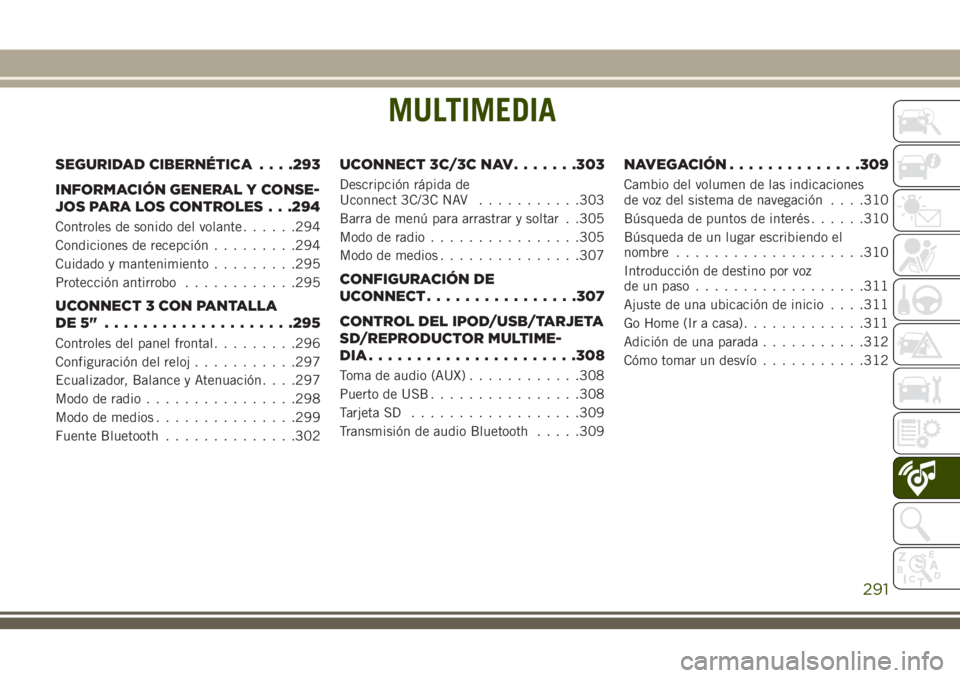 JEEP CHEROKEE 2018 Manual de Empleo y Cuidado (in Spanish) MULTIMEDIA
SEGURIDAD CIBERNÉTICA. . . .293
INFORMACIÓN GENERAL Y CONSE-
JOS PARA LOS CONTROLES . . .294
Controles de sonido del volante......294
Condiciones de recepción.........294
Cuidado y mante JEEP CHEROKEE 2018 Manual de Empleo y Cuidado (in Spanish) MULTIMEDIA
SEGURIDAD CIBERNÉTICA. . . .293
INFORMACIÓN GENERAL Y CONSE-
JOS PARA LOS CONTROLES . . .294
Controles de sonido del volante......294
Condiciones de recepción.........294
Cuidado y mante