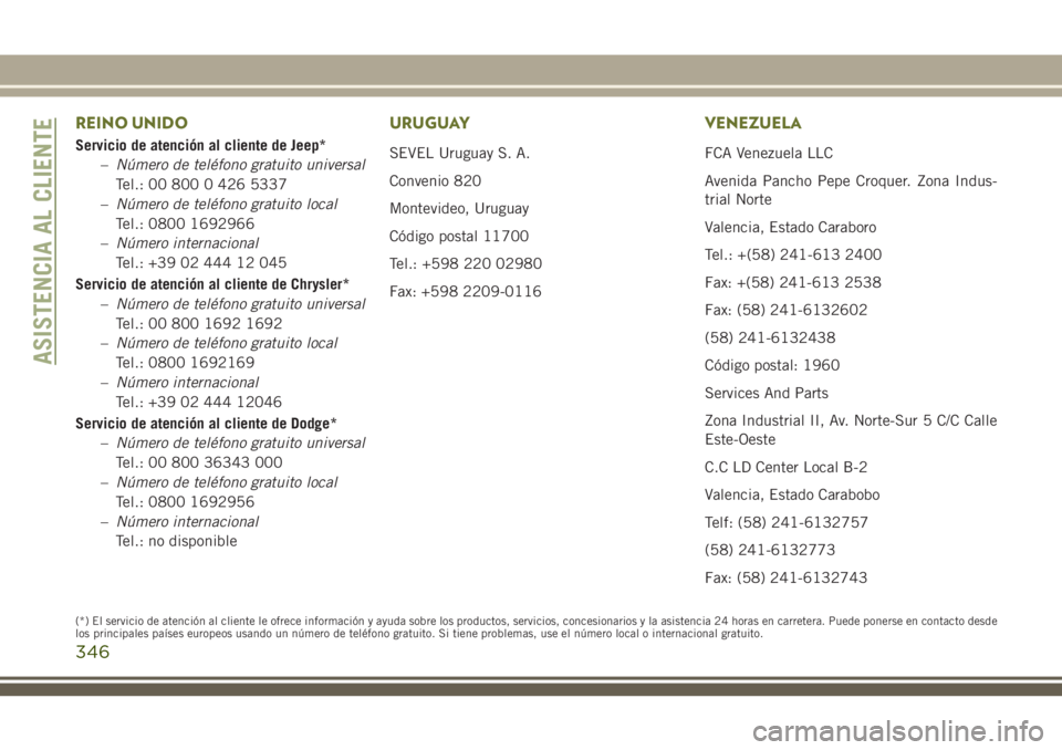 JEEP CHEROKEE 2018  Manual de Empleo y Cuidado (in Spanish) REINO UNIDO
Servicio de atención al cliente de Jeep*
–Número de teléfono gratuito universal
Tel.: 00 800 0 426 5337
–Número de teléfono gratuito local
Tel.: 0800 1692966
–Número internacio