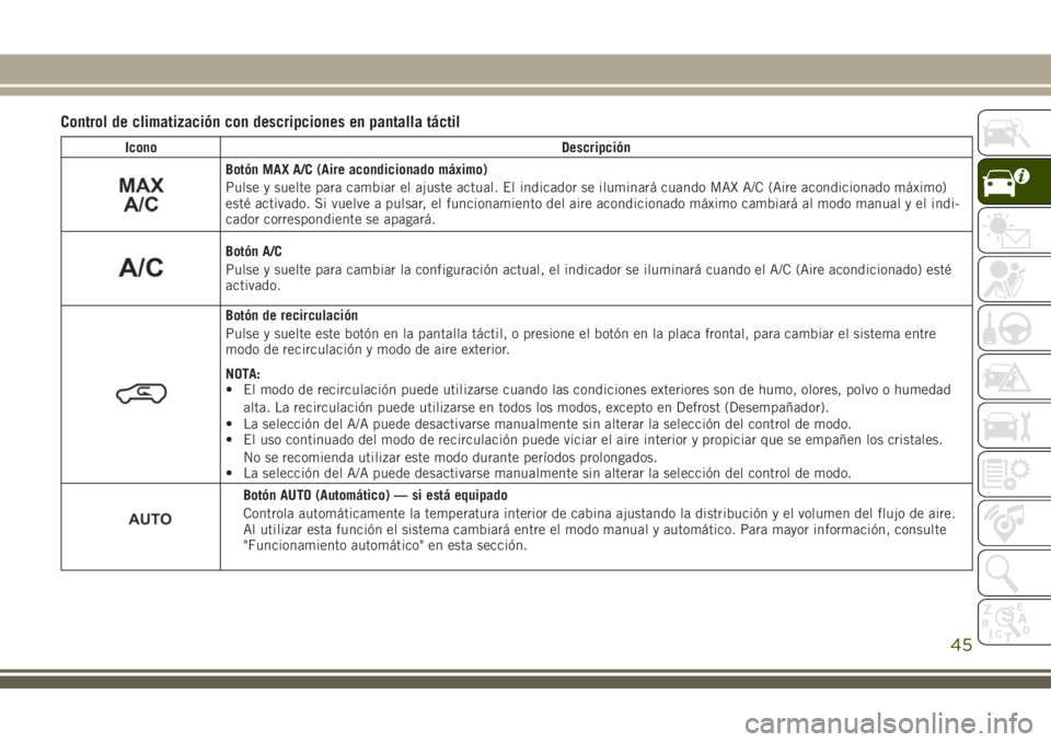 JEEP CHEROKEE 2018  Manual de Empleo y Cuidado (in Spanish) Control de climatización con descripciones en pantalla táctil
Icono Descripción
Botón MAX A/C (Aire acondicionado máximo)
Pulse y suelte para cambiar el ajuste actual. El indicador se iluminará 