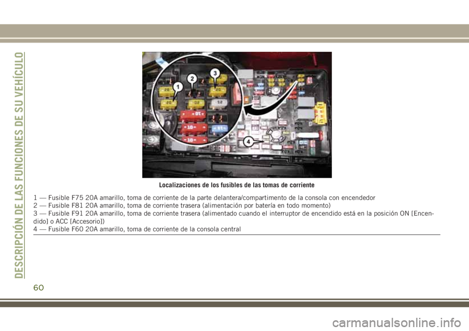 JEEP CHEROKEE 2018 Manual de Empleo y Cuidado (in Spanish) Localizaciones de los fusibles de las tomas de corriente
1 — Fusible F75 20A amarillo, toma de corriente de la parte delantera/compartimento de la consola con encendedor
2 — Fusible F81 20A amaril JEEP CHEROKEE 2018 Manual de Empleo y Cuidado (in Spanish) Localizaciones de los fusibles de las tomas de corriente
1 — Fusible F75 20A amarillo, toma de corriente de la parte delantera/compartimento de la consola con encendedor
2 — Fusible F81 20A amaril