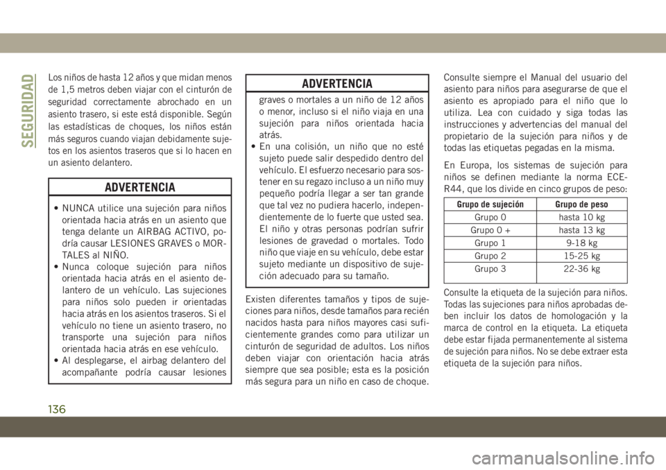 JEEP CHEROKEE 2019 Manual de Empleo y Cuidado (in Spanish) Los niños de hasta 12 años y que midan menos
de 1,5 metros deben viajar con el cinturón de
seguridad correctamente abrochado en un
asiento trasero, si este está disponible. Según
las estadística JEEP CHEROKEE 2019 Manual de Empleo y Cuidado (in Spanish) Los niños de hasta 12 años y que midan menos
de 1,5 metros deben viajar con el cinturón de
seguridad correctamente abrochado en un
asiento trasero, si este está disponible. Según
las estadística