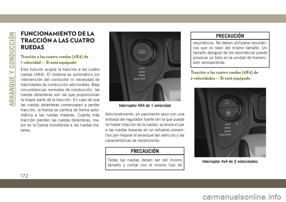 JEEP CHEROKEE 2019  Manual de Empleo y Cuidado (in Spanish) FUNCIONAMIENTO DE LA
TRACCIÓN A LAS CUATRO
RUEDAS
Tracción a las cuatro ruedas (4X4) de
1 velocidad — Si está equipado
Esta función acopla la tracción a las cuatro
ruedas (4X4). El sistema es a