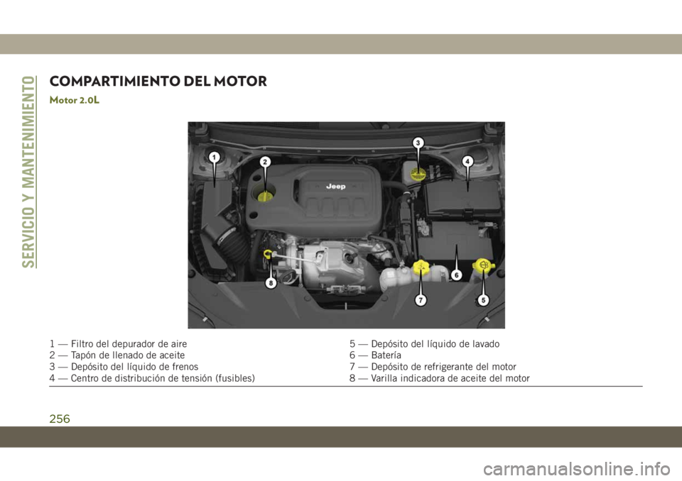 JEEP CHEROKEE 2019 Manual de Empleo y Cuidado (in Spanish) COMPARTIMIENTO DEL MOTOR
Motor 2.0L
1 — Filtro del depurador de aire 5 — Depósito del líquido de lavado
2 — Tapón de llenado de aceite 6 — Batería
3 — Depósito del líquido de frenos 7 JEEP CHEROKEE 2019 Manual de Empleo y Cuidado (in Spanish) COMPARTIMIENTO DEL MOTOR
Motor 2.0L
1 — Filtro del depurador de aire 5 — Depósito del líquido de lavado
2 — Tapón de llenado de aceite 6 — Batería
3 — Depósito del líquido de frenos 7