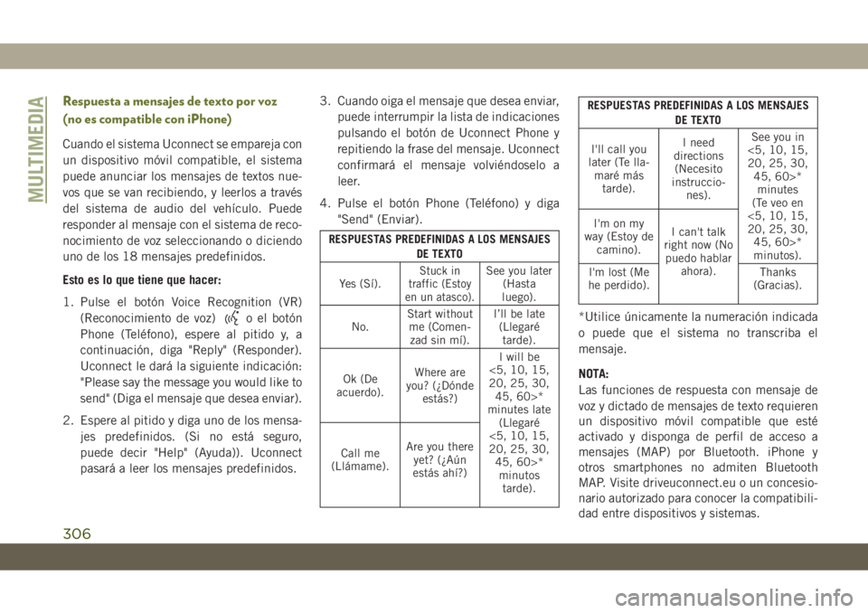 JEEP CHEROKEE 2019 Manual de Empleo y Cuidado (in Spanish) Respuesta a mensajes de texto por voz
(no es compatible con iPhone)
Cuando el sistema Uconnect se empareja con
un dispositivo móvil compatible, el sistema
puede anunciar los mensajes de textos nue-
v JEEP CHEROKEE 2019 Manual de Empleo y Cuidado (in Spanish) Respuesta a mensajes de texto por voz
(no es compatible con iPhone)
Cuando el sistema Uconnect se empareja con
un dispositivo móvil compatible, el sistema
puede anunciar los mensajes de textos nue-
v