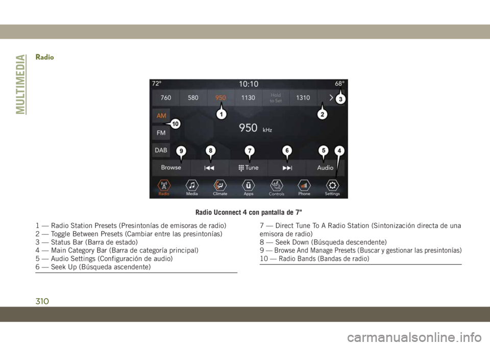 JEEP CHEROKEE 2019 Manual de Empleo y Cuidado (in Spanish) Radio
Radio Uconnect 4 con pantalla de 7"
1 — Radio Station Presets (Presintonías de emisoras de radio)
2 — Toggle Between Presets (Cambiar entre las presintonías)
3 — Status Bar (Barra de JEEP CHEROKEE 2019 Manual de Empleo y Cuidado (in Spanish) Radio
Radio Uconnect 4 con pantalla de 7"
1 — Radio Station Presets (Presintonías de emisoras de radio)
2 — Toggle Between Presets (Cambiar entre las presintonías)
3 — Status Bar (Barra de