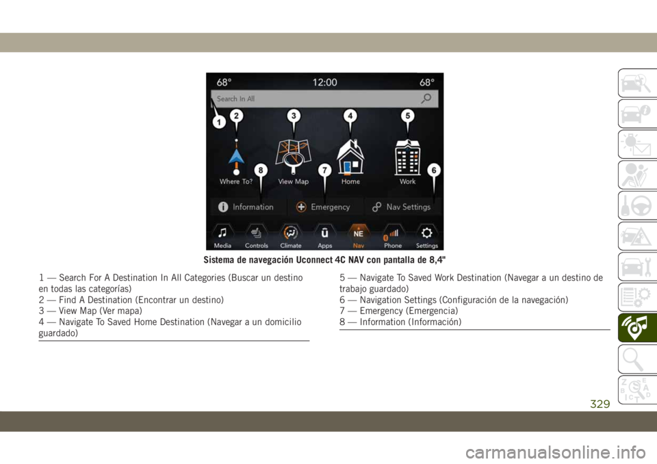 JEEP CHEROKEE 2019 Manual de Empleo y Cuidado (in Spanish) Sistema de navegación Uconnect 4C NAV con pantalla de 8,4"
1— Search For A Destination In All Categories (Buscar un destino
en todas las categorías)
2 — Find A Destination (Encontrar un dest JEEP CHEROKEE 2019 Manual de Empleo y Cuidado (in Spanish) Sistema de navegación Uconnect 4C NAV con pantalla de 8,4"
1— Search For A Destination In All Categories (Buscar un destino
en todas las categorías)
2 — Find A Destination (Encontrar un dest