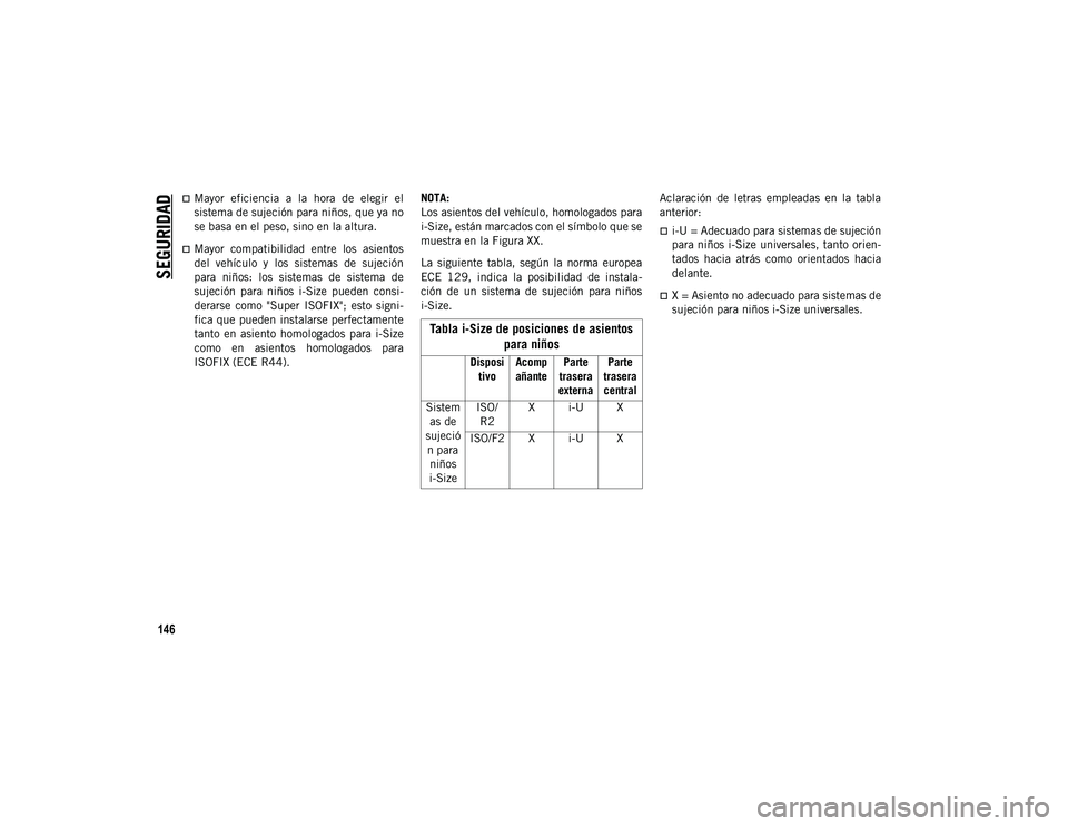 JEEP CHEROKEE 2021 Manual de Empleo y Cuidado (in Spanish)
SEGURIDAD
146
Mayor eficiencia a la hora de elegir el
sistema de sujeción para niños, que ya no
se basa en el peso, sino en la altura.
Mayor compatibilidad entre los asientos
del JEEP CHEROKEE 2021 Manual de Empleo y Cuidado (in Spanish)
SEGURIDAD
146
Mayor eficiencia a la hora de elegir el
sistema de sujeción para niños, que ya no
se basa en el peso, sino en la altura.
Mayor compatibilidad entre los asientos
del