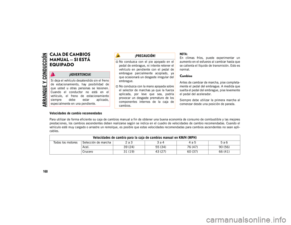 JEEP CHEROKEE 2021 Manual de Empleo y Cuidado (in Spanish)
ARRANQUE Y CONDUCCIÓN
160
CAJA DE CAMBIOS
MANUAL — SI ESTÁ
EQUIPADO NOTA:
En climas fríos, puede experimentar un
aumento en el esfuerzo al cambiar hasta que
se calienta el líquido de tr JEEP CHEROKEE 2021 Manual de Empleo y Cuidado (in Spanish)
ARRANQUE Y CONDUCCIÓN
160
CAJA DE CAMBIOS
MANUAL — SI ESTÁ
EQUIPADO NOTA:
En climas fríos, puede experimentar un
aumento en el esfuerzo al cambiar hasta que
se calienta el líquido de tr