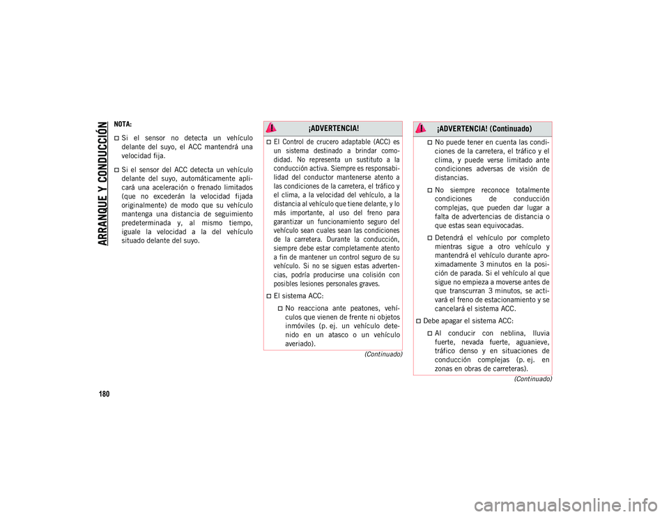 JEEP CHEROKEE 2021 Manual de Empleo y Cuidado (in Spanish)
ARRANQUE Y CONDUCCIÓN
180
(Continuado)
(Continuado)
NOTA:
Si el sensor no detecta un vehículo
delante del suyo, el ACC mantendrá una
velocidad fija.
Si el sensor del ACC de JEEP CHEROKEE 2021 Manual de Empleo y Cuidado (in Spanish)
ARRANQUE Y CONDUCCIÓN
180
(Continuado)
(Continuado)
NOTA:
Si el sensor no detecta un vehículo
delante del suyo, el ACC mantendrá una
velocidad fija.
Si el sensor del ACC de