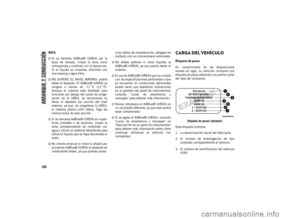 JEEP CHEROKEE 2021 Manual de Empleo y Cuidado (in Spanish)
ARRANQUE Y CONDUCCIÓN
200
NOTA:
Si se derrama AdBlue® (UREA) por la
boca de llenado, limpie la zona como
corresponda y continúe con la reposición.
Si el líquido se cristaliza JEEP CHEROKEE 2021 Manual de Empleo y Cuidado (in Spanish)
ARRANQUE Y CONDUCCIÓN
200
NOTA:
Si se derrama AdBlue® (UREA) por la
boca de llenado, limpie la zona como
corresponda y continúe con la reposición.
Si el líquido se cristaliza