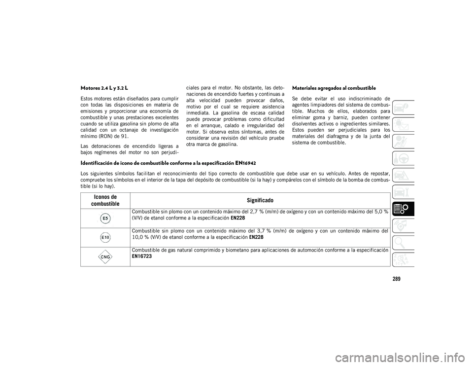 JEEP CHEROKEE 2021 Manual de Empleo y Cuidado (in Spanish) 289
Motores 2.4 L y 3.2 L
Estos motores están diseñados para cumplir
con todas las disposiciones en materia de
emisiones y proporcionar una economía de
combustible y unas prestaciones JEEP CHEROKEE 2021 Manual de Empleo y Cuidado (in Spanish) 289
Motores 2.4 L y 3.2 L
Estos motores están diseñados para cumplir
con todas las disposiciones en materia de
emisiones y proporcionar una economía de
combustible y unas prestaciones