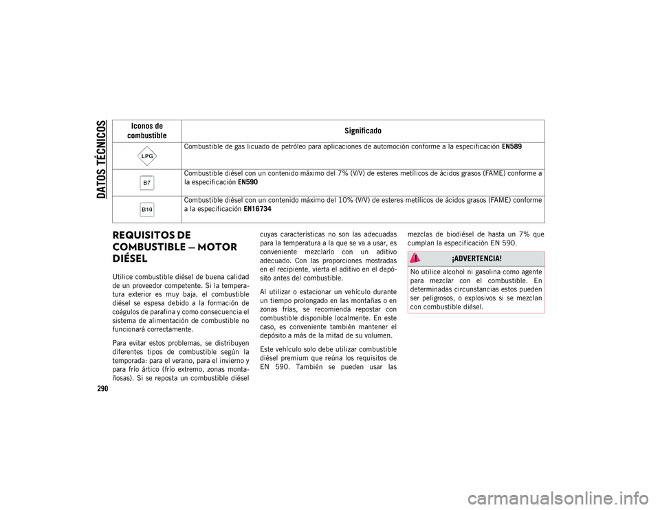 JEEP CHEROKEE 2021 Manual de Empleo y Cuidado (in Spanish)
DATOS TÉCNICOS
290
REQUISITOS DE
COMBUSTIBLE — MOTOR
DIÉSEL
Utilice combustible diésel de buena calidad
de un proveedor competente. Si la tempera-
tura exterior es muy baja, el combusti JEEP CHEROKEE 2021 Manual de Empleo y Cuidado (in Spanish)
DATOS TÉCNICOS
290
REQUISITOS DE
COMBUSTIBLE — MOTOR
DIÉSEL
Utilice combustible diésel de buena calidad
de un proveedor competente. Si la tempera-
tura exterior es muy baja, el combusti