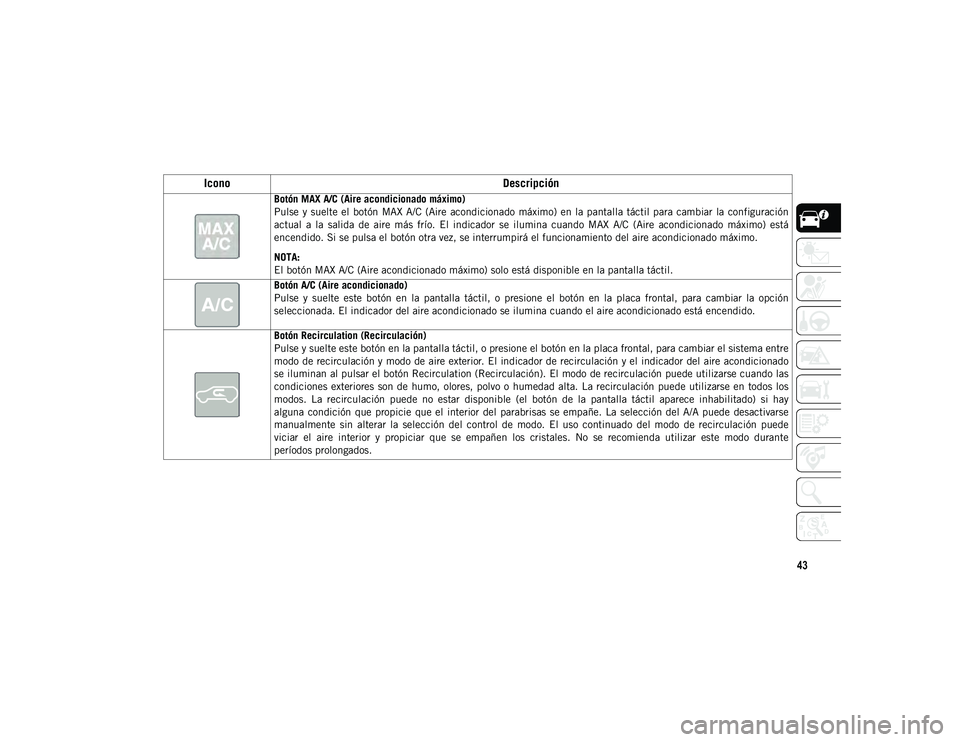 JEEP CHEROKEE 2021 Manual de Empleo y Cuidado (in Spanish) 43
Icono
Descripción
Botón MAX A/C (Aire acondicionado máximo)
Pulse y suelte el botón MAX A/C (Aire acondicionado máximo) en la pantalla táctil para cambiar la configuración
actua JEEP CHEROKEE 2021 Manual de Empleo y Cuidado (in Spanish) 43
Icono
Descripción
Botón MAX A/C (Aire acondicionado máximo)
Pulse y suelte el botón MAX A/C (Aire acondicionado máximo) en la pantalla táctil para cambiar la configuración
actua