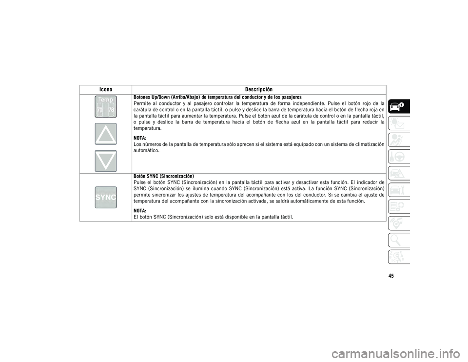 JEEP CHEROKEE 2021 Manual de Empleo y Cuidado (in Spanish) 45
Botones Up/Down (Arriba/Abajo) de temperatura del conductor y de los pasajeros
Permite al conductor y al pasajero controlar la temperatura de forma independiente. Pulse el botón roj JEEP CHEROKEE 2021 Manual de Empleo y Cuidado (in Spanish) 45
Botones Up/Down (Arriba/Abajo) de temperatura del conductor y de los pasajeros
Permite al conductor y al pasajero controlar la temperatura de forma independiente. Pulse el botón roj