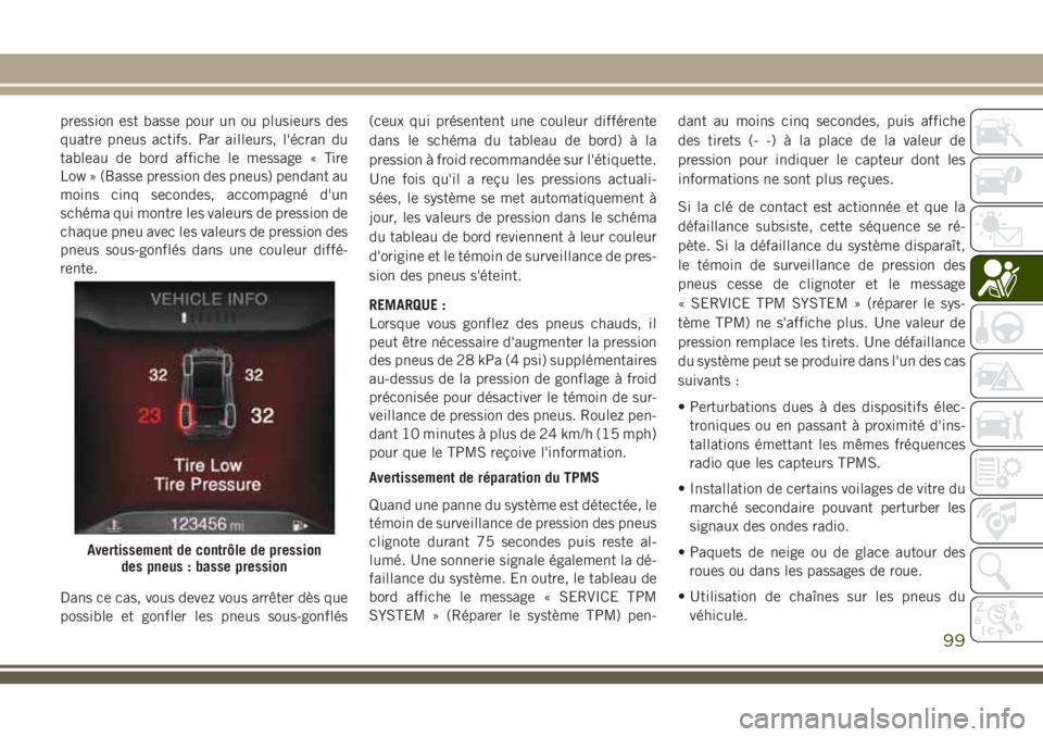 JEEP CHEROKEE 2018  Notice dentretien (in French) pression est basse pour un ou plusieurs des
quatre pneus actifs. Par ailleurs, l'écran du
tableau de bord affiche le message « Tire
Low » (Basse pression des pneus) pendant au
moins cinq second