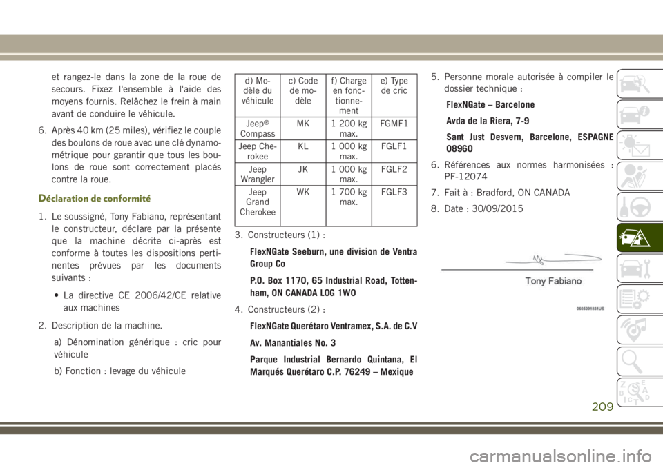 JEEP CHEROKEE 2018 Notice dentretien (in French) et rangez-le dans la zone de la roue de
secours. Fixez l'ensemble à l'aide des
moyens fournis. Relâchez le frein à main
avant de conduire le véhicule.
6. Après 40 km (25 miles), vérifiez JEEP CHEROKEE 2018 Notice dentretien (in French) et rangez-le dans la zone de la roue de
secours. Fixez l'ensemble à l'aide des
moyens fournis. Relâchez le frein à main
avant de conduire le véhicule.
6. Après 40 km (25 miles), vérifiez
