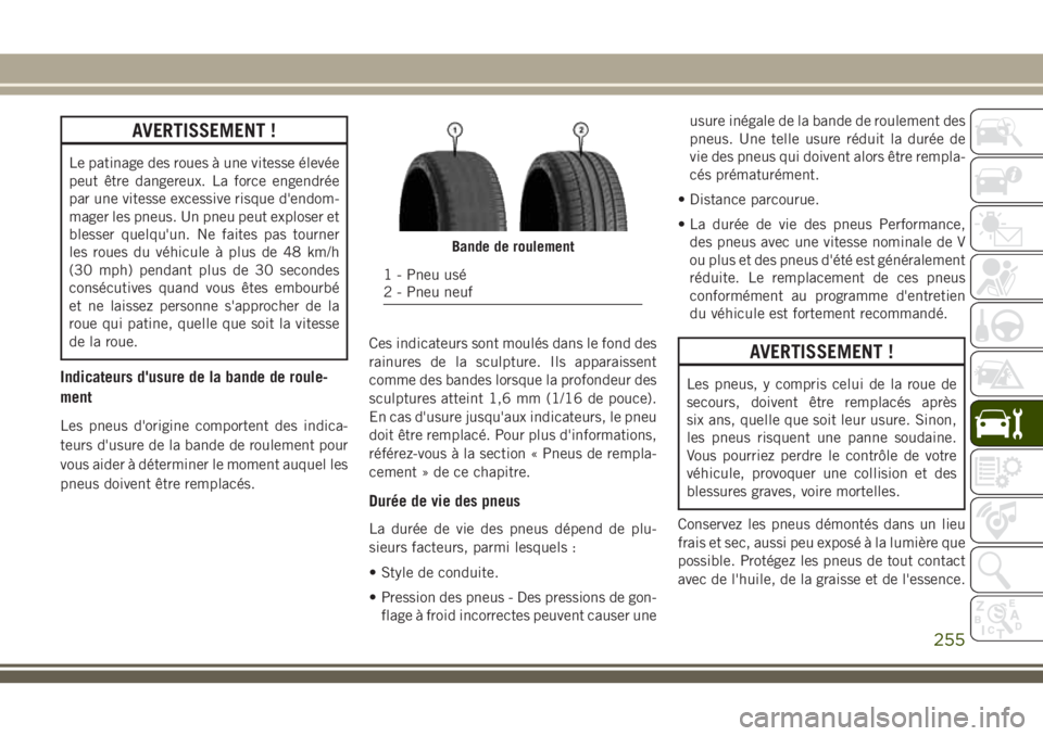 JEEP CHEROKEE 2018 Notice dentretien (in French) AVERTISSEMENT !
Le patinage des roues à une vitesse élevée
peut être dangereux. La force engendrée
par une vitesse excessive risque d'endom-
mager les pneus. Un pneu peut exploser et
blesser JEEP CHEROKEE 2018 Notice dentretien (in French) AVERTISSEMENT !
Le patinage des roues à une vitesse élevée
peut être dangereux. La force engendrée
par une vitesse excessive risque d'endom-
mager les pneus. Un pneu peut exploser et
blesser