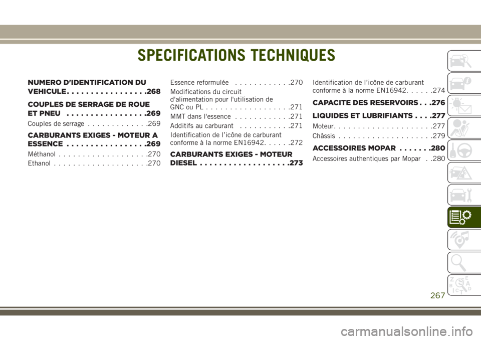 JEEP CHEROKEE 2018 Notice dentretien (in French) SPECIFICATIONS TECHNIQUES
NUMERO D'IDENTIFICATION DU
VEHICULE.................268
COUPLES DE SERRAGE DE ROUE
ET PNEU.................269
Couples de serrage.............269
CARBURANTS EXIGES - MOTE JEEP CHEROKEE 2018 Notice dentretien (in French) SPECIFICATIONS TECHNIQUES
NUMERO D'IDENTIFICATION DU
VEHICULE.................268
COUPLES DE SERRAGE DE ROUE
ET PNEU.................269
Couples de serrage.............269
CARBURANTS EXIGES - MOTE