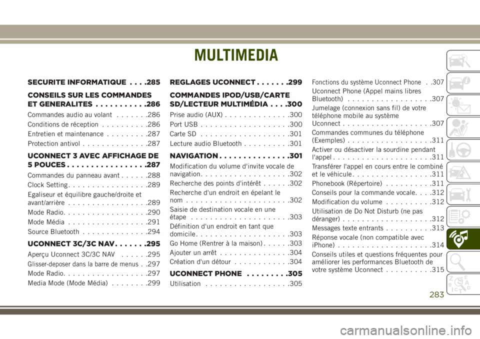 JEEP CHEROKEE 2018 Notice dentretien (in French) MULTIMEDIA
SECURITE INFORMATIQUE. . . .285
CONSEILS SUR LES COMMANDES
ET GENERALITES...........286
Commandes audio au volant.......286
Conditions de réception..........286
Entretien et maintenance... JEEP CHEROKEE 2018 Notice dentretien (in French) MULTIMEDIA
SECURITE INFORMATIQUE. . . .285
CONSEILS SUR LES COMMANDES
ET GENERALITES...........286
Commandes audio au volant.......286
Conditions de réception..........286
Entretien et maintenance...