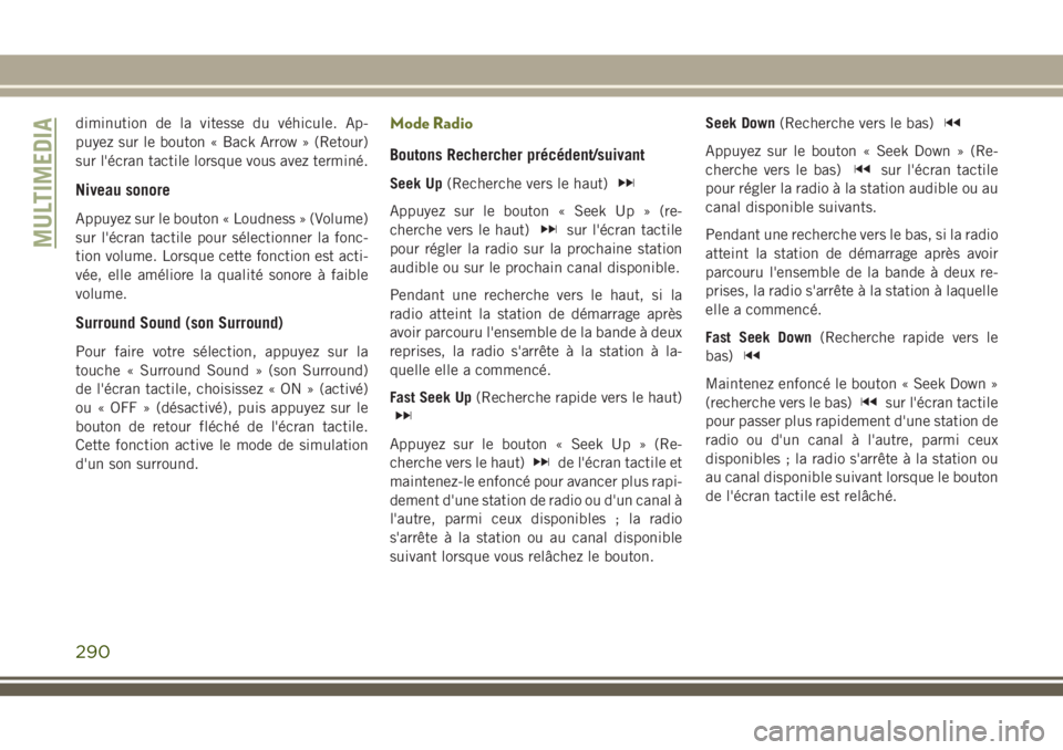 JEEP CHEROKEE 2018 Notice dentretien (in French) diminution de la vitesse du véhicule. Ap-
puyez sur le bouton « Back Arrow » (Retour)
sur l'écran tactile lorsque vous avez terminé.
Niveau sonore
Appuyez sur le bouton « Loudness » (Volume JEEP CHEROKEE 2018 Notice dentretien (in French) diminution de la vitesse du véhicule. Ap-
puyez sur le bouton « Back Arrow » (Retour)
sur l'écran tactile lorsque vous avez terminé.
Niveau sonore
Appuyez sur le bouton « Loudness » (Volume