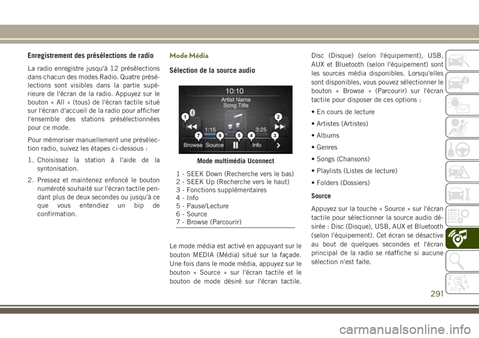 JEEP CHEROKEE 2018 Notice dentretien (in French) Enregistrement des présélections de radio
La radio enregistre jusqu'à 12 présélections
dans chacun des modes Radio. Quatre présé-
lections sont visibles dans la partie supé-
rieure de l JEEP CHEROKEE 2018 Notice dentretien (in French) Enregistrement des présélections de radio
La radio enregistre jusqu'à 12 présélections
dans chacun des modes Radio. Quatre présé-
lections sont visibles dans la partie supé-
rieure de l