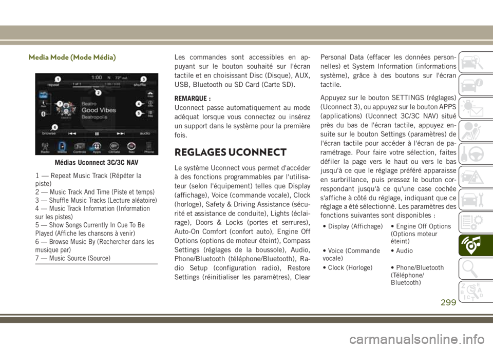 JEEP CHEROKEE 2018 Notice dentretien (in French) Media Mode (Mode Média)Les commandes sont accessibles en ap-
puyant sur le bouton souhaité sur l'écran
tactile et en choisissant Disc (Disque), AUX,
USB, Bluetooth ou SD Card (Carte SD).
REMARQ JEEP CHEROKEE 2018 Notice dentretien (in French) Media Mode (Mode Média)Les commandes sont accessibles en ap-
puyant sur le bouton souhaité sur l'écran
tactile et en choisissant Disc (Disque), AUX,
USB, Bluetooth ou SD Card (Carte SD).
REMARQ