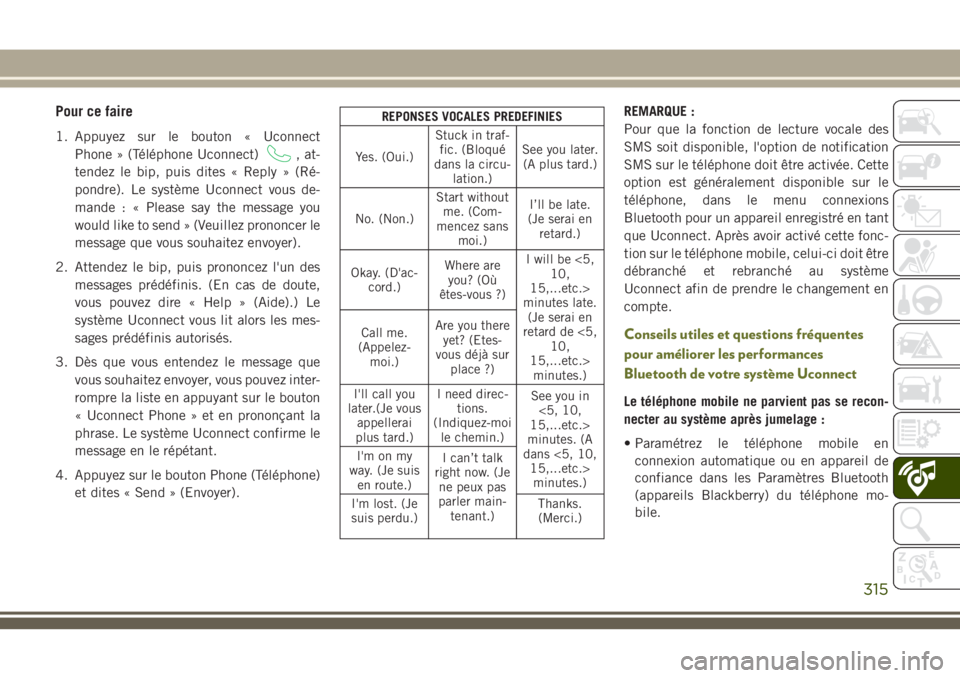 JEEP CHEROKEE 2018 Notice dentretien (in French) Pour ce faire
1. Appuyez sur le bouton « Uconnect
Phone » (Téléphone Uconnect)
, at-
tendez le bip, puis dites « Reply » (Ré-
pondre). Le système Uconnect vous de-
mande : « Please say the me JEEP CHEROKEE 2018 Notice dentretien (in French) Pour ce faire
1. Appuyez sur le bouton « Uconnect
Phone » (Téléphone Uconnect)
, at-
tendez le bip, puis dites « Reply » (Ré-
pondre). Le système Uconnect vous de-
mande : « Please say the me
