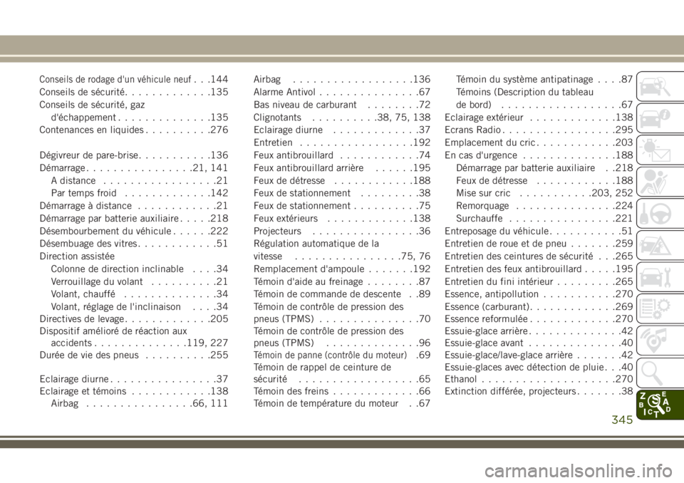 JEEP CHEROKEE 2018 Notice dentretien (in French) Conseils de rodage d'un véhicule neuf. . .144
Conseils de sécurité.............135
Conseils de sécurité, gaz
d'échappement..............135
Contenances en liquides..........276
Dégivreu JEEP CHEROKEE 2018 Notice dentretien (in French) Conseils de rodage d'un véhicule neuf. . .144
Conseils de sécurité.............135
Conseils de sécurité, gaz
d'échappement..............135
Contenances en liquides..........276
Dégivreu