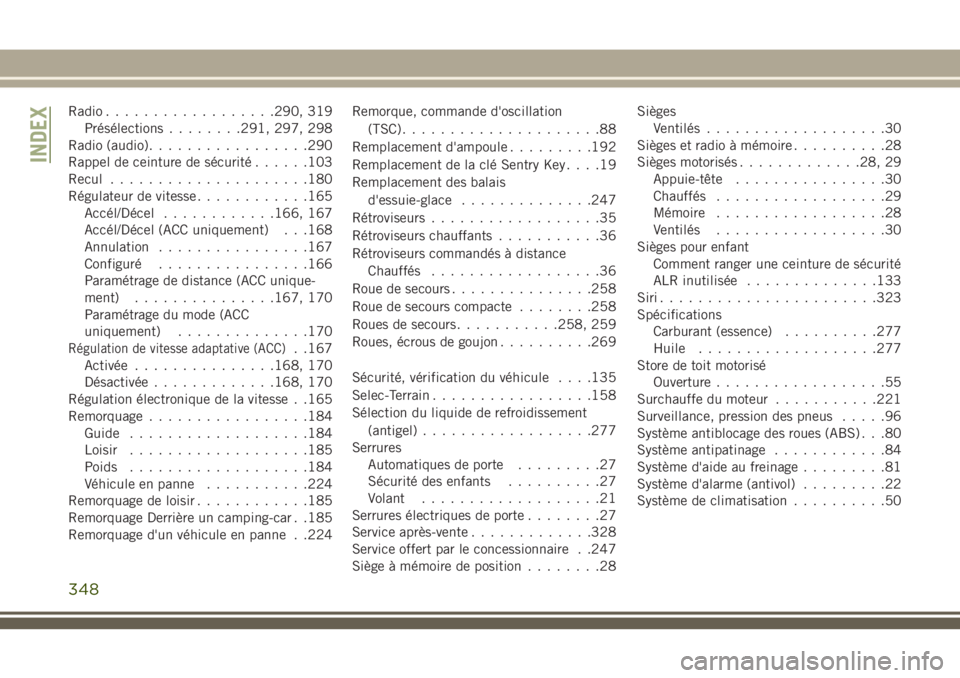 JEEP CHEROKEE 2018 Notice dentretien (in French) Radio..................290, 319
Présélections........291, 297, 298
Radio (audio).................290
Rappel de ceinture de sécurité......103
Recul.....................180
Régulateur de vitesse... JEEP CHEROKEE 2018 Notice dentretien (in French) Radio..................290, 319
Présélections........291, 297, 298
Radio (audio).................290
Rappel de ceinture de sécurité......103
Recul.....................180
Régulateur de vitesse...