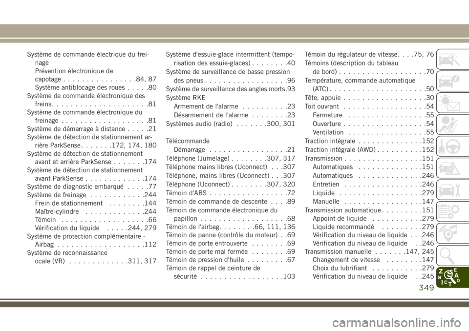 JEEP CHEROKEE 2018  Notice dentretien (in French) Système de commande électrique du frei-
nage
Prévention électronique de
capotage................84, 87
Système antiblocage des roues.....80
Système de commande électronique des
freins..........