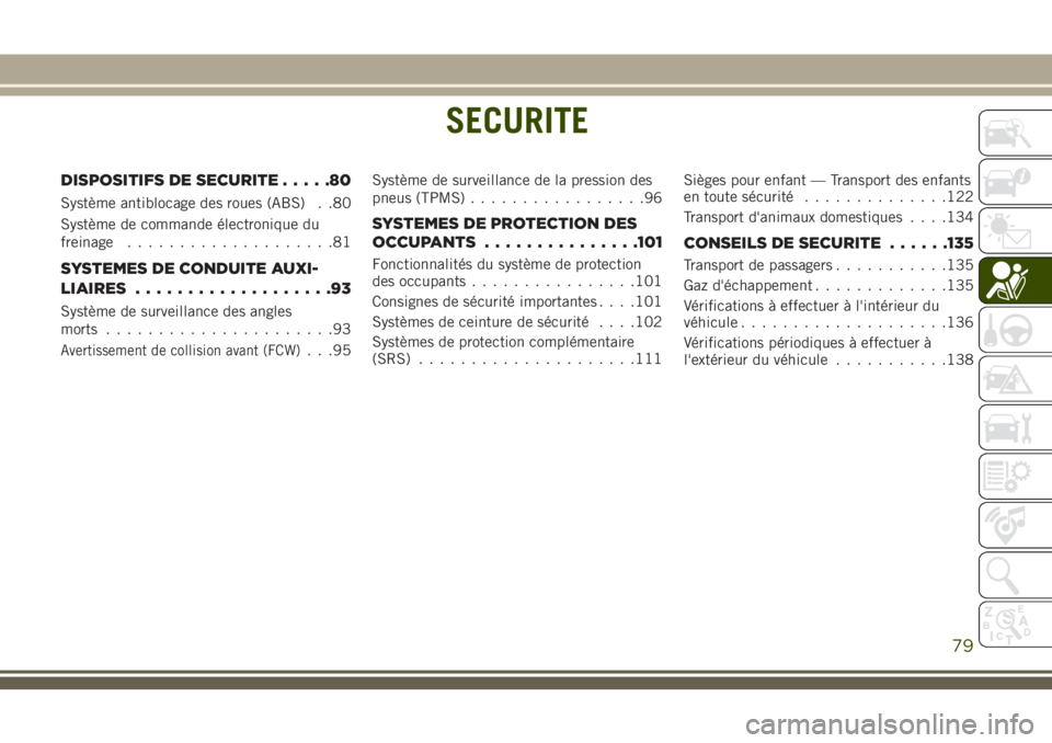 JEEP CHEROKEE 2018 Notice dentretien (in French) SECURITE
DISPOSITIFS DE SECURITE.....80
Système antiblocage des roues (ABS) . .80
Système de commande électronique du
freinage....................81
SYSTEMES DE CONDUITE AUXI-
LIAIRES.............. JEEP CHEROKEE 2018 Notice dentretien (in French) SECURITE
DISPOSITIFS DE SECURITE.....80
Système antiblocage des roues (ABS) . .80
Système de commande électronique du
freinage....................81
SYSTEMES DE CONDUITE AUXI-
LIAIRES..............