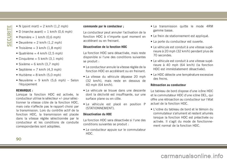 JEEP CHEROKEE 2018  Notice dentretien (in French) • N (point mort) = 2 km/h (1,2 mph)
• D (marche avant) = 1 km/h (0,6 mph)
• Première = 1 km/h (0,6 mph)
• Deuxième = 2 km/h (1,2 mph)
• Troisième = 3 km/h (1,8 mph)
• Quatrième = 4 km/
