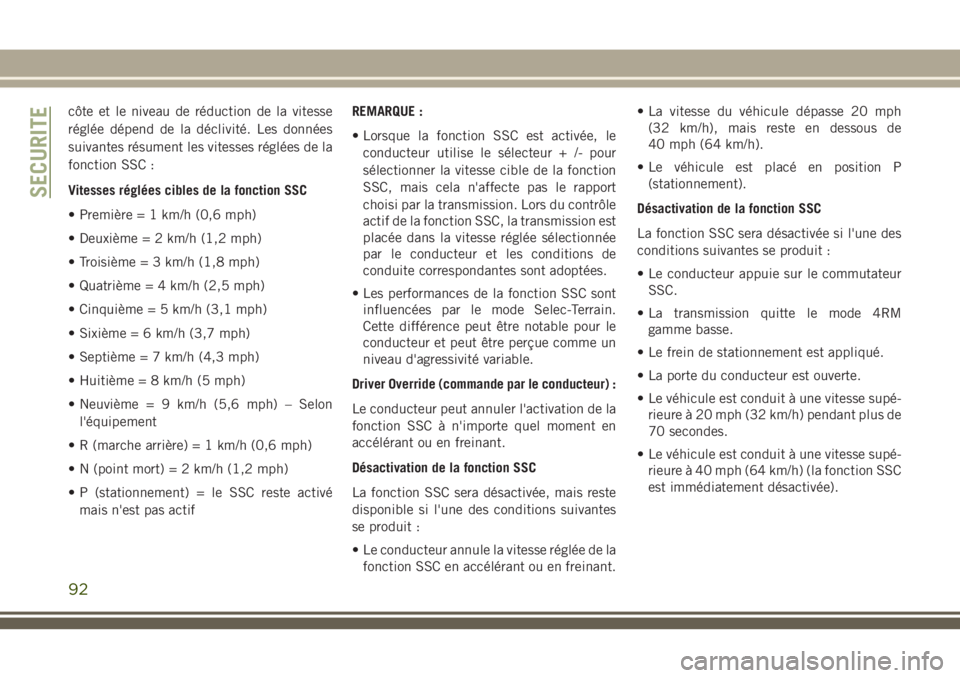 JEEP CHEROKEE 2018  Notice dentretien (in French) côte et le niveau de réduction de la vitesse
réglée dépend de la déclivité. Les données
suivantes résument les vitesses réglées de la
fonction SSC :
Vitesses réglées cibles de la fonction