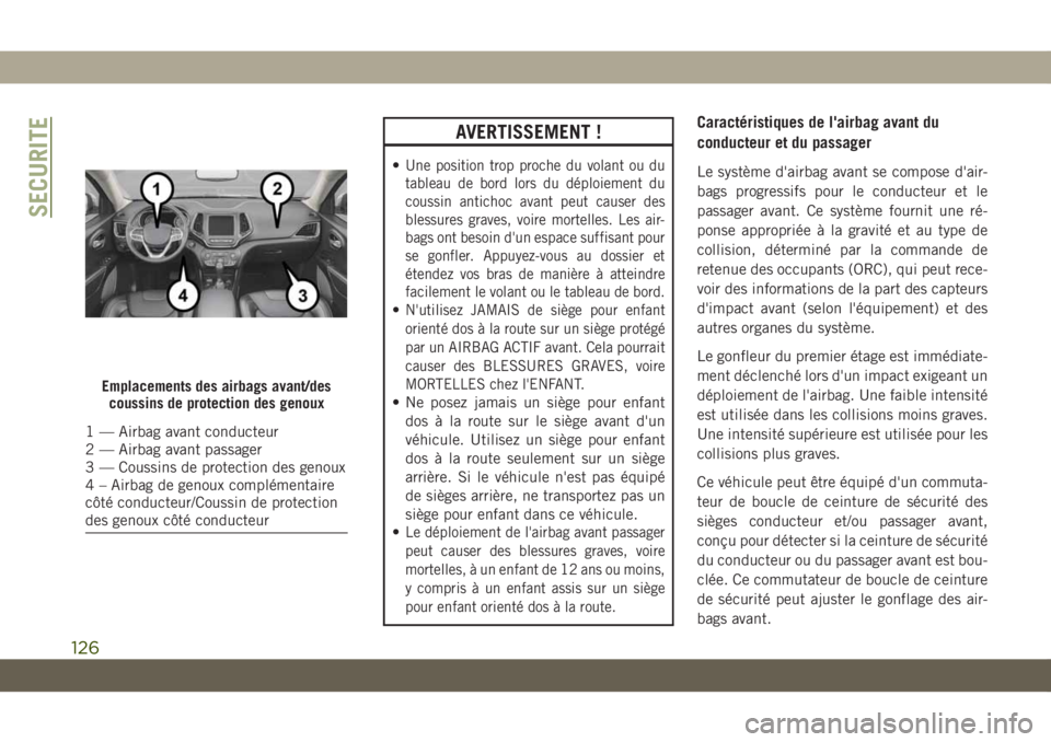 JEEP CHEROKEE 2019 Notice dentretien (in French) AVERTISSEMENT !
•Une position trop proche du volant ou du
tableau de bord lors du déploiement du
coussin antichoc avant peut causer des
blessures graves, voire mortelles. Les air-
bags ont besoin d JEEP CHEROKEE 2019 Notice dentretien (in French) AVERTISSEMENT !
•Une position trop proche du volant ou du
tableau de bord lors du déploiement du
coussin antichoc avant peut causer des
blessures graves, voire mortelles. Les air-
bags ont besoin d