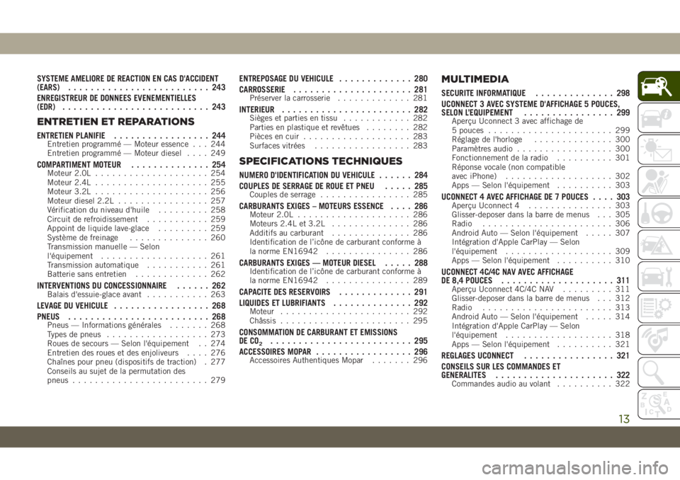 JEEP CHEROKEE 2019  Notice dentretien (in French) SYSTEME AMELIORE DE REACTION EN CAS D'ACCIDENT
(EARS)......................... 243
ENREGISTREUR DE DONNEES EVENEMENTIELLES
(EDR) .......................... 243
ENTRETIEN ET REPARATIONS
ENTRETIEN P