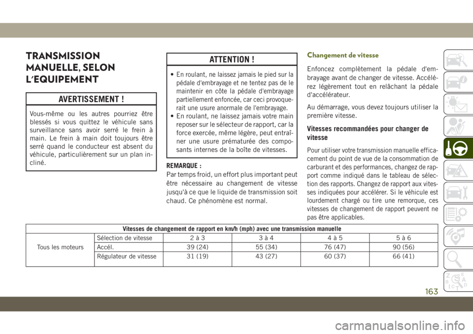JEEP CHEROKEE 2019 Notice dentretien (in French) TRANSMISSION
MANUELLE, SELON
L'EQUIPEMENT
AVERTISSEMENT !
Vous-même ou les autres pourriez être
blessés si vous quittez le véhicule sans
surveillance sans avoir serré le frein à
main. Le fre JEEP CHEROKEE 2019 Notice dentretien (in French) TRANSMISSION
MANUELLE, SELON
L'EQUIPEMENT
AVERTISSEMENT !
Vous-même ou les autres pourriez être
blessés si vous quittez le véhicule sans
surveillance sans avoir serré le frein à
main. Le fre