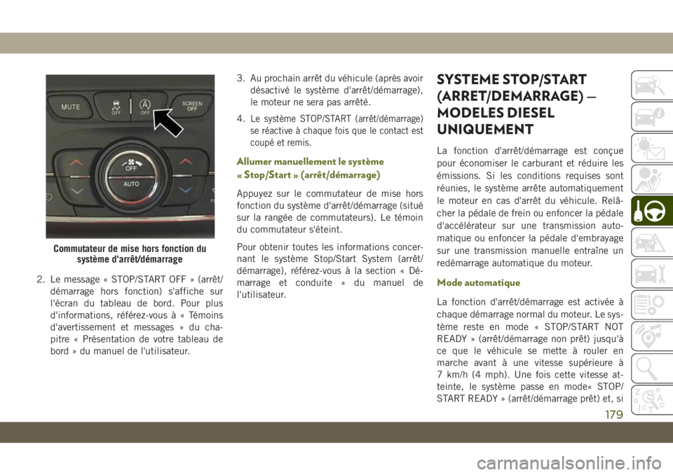 JEEP CHEROKEE 2019 Notice dentretien (in French) 2. Le message « STOP/START OFF » (arrêt/démarrage hors fonction) s'affiche sur
l'écran du tableau de bord. Pour plus
d'informations, référez-vousà«T émoins
d'avertissement et JEEP CHEROKEE 2019 Notice dentretien (in French) 2. Le message « STOP/START OFF » (arrêt/démarrage hors fonction) s'affiche sur
l'écran du tableau de bord. Pour plus
d'informations, référez-vousà«T émoins
d'avertissement et
