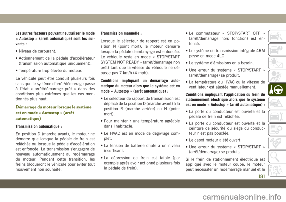 JEEP CHEROKEE 2019 Notice dentretien (in French) Les autres facteurs pouvant neutraliser le mode
« Autostop » (arrêt automatique) sont les sui-
vants :
• Niveau de carburant.
• Actionnement de la pédale d'accélérateur(transmission auto JEEP CHEROKEE 2019 Notice dentretien (in French) Les autres facteurs pouvant neutraliser le mode
« Autostop » (arrêt automatique) sont les sui-
vants :
• Niveau de carburant.
• Actionnement de la pédale d'accélérateur(transmission auto