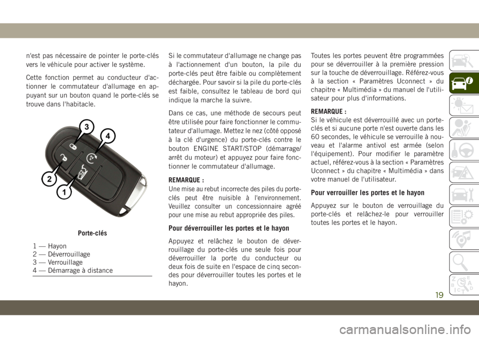 JEEP CHEROKEE 2019 Notice dentretien (in French) n'est pas nécessaire de pointer le porte-clés
vers le véhicule pour activer le système.
Cette fonction permet au conducteur d'ac-
tionner le commutateur d'allumage en ap-
puyant sur un JEEP CHEROKEE 2019 Notice dentretien (in French) n'est pas nécessaire de pointer le porte-clés
vers le véhicule pour activer le système.
Cette fonction permet au conducteur d'ac-
tionner le commutateur d'allumage en ap-
puyant sur un