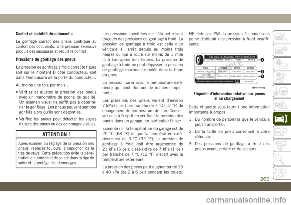 JEEP CHEROKEE 2019 Notice dentretien (in French) Confort et stabilité directionnelle
Le gonflage correct des pneus contribue au
confort des occupants. Une pression excessive
produit des secousses et réduit le confort.
Pressions de gonflage des pne JEEP CHEROKEE 2019 Notice dentretien (in French) Confort et stabilité directionnelle
Le gonflage correct des pneus contribue au
confort des occupants. Une pression excessive
produit des secousses et réduit le confort.
Pressions de gonflage des pne
