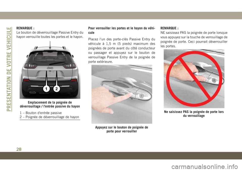 JEEP CHEROKEE 2019 Notice dentretien (in French) REMARQUE :
Le bouton de déverrouillage Passive Entry du
hayon verrouille toutes les portes et le hayon.Pour verrouiller les portes et le hayon du véhi-
cule
Placez l'un des porte-clés Passive E JEEP CHEROKEE 2019 Notice dentretien (in French) REMARQUE :
Le bouton de déverrouillage Passive Entry du
hayon verrouille toutes les portes et le hayon.Pour verrouiller les portes et le hayon du véhi-
cule
Placez l'un des porte-clés Passive E