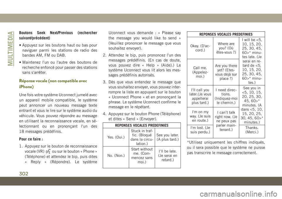 JEEP CHEROKEE 2019  Notice dentretien (in French) Boutons Seek Next/Previous (rechercher
suivant/précédent)
• Appuyez sur les boutons haut ou bas pournaviguer parmi les stations de radio des
bandes AM, FM ou DAB.
• Maintenez l'un ou l'a