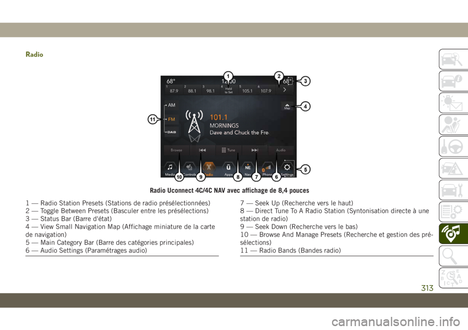JEEP CHEROKEE 2019 Notice dentretien (in French) Radio
Radio Uconnect 4C/4C NAV avec affichage de 8,4 pouces
1 — Radio Station Presets (Stations de radio présélectionnées)
2 — Toggle Between Presets (Basculer entre les présélections)
3 — JEEP CHEROKEE 2019 Notice dentretien (in French) Radio
Radio Uconnect 4C/4C NAV avec affichage de 8,4 pouces
1 — Radio Station Presets (Stations de radio présélectionnées)
2 — Toggle Between Presets (Basculer entre les présélections)
3 —