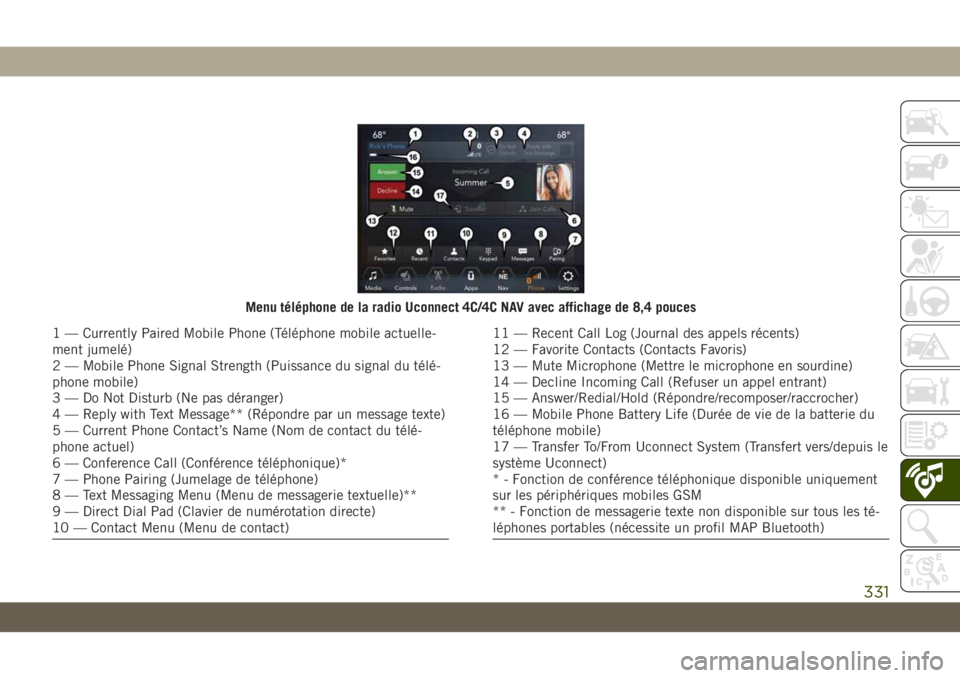 JEEP CHEROKEE 2019  Notice dentretien (in French) Menu téléphone de la radio Uconnect 4C/4C NAV avec affichage de 8,4 pouces
1 — Currently Paired Mobile Phone (Téléphone mobile actuelle-
ment jumelé)
2 — Mobile Phone Signal Strength (Puissan
