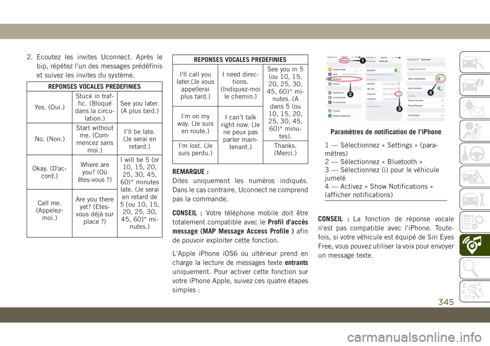 JEEP CHEROKEE 2019  Notice dentretien (in French) 2. Ecoutez les invites Uconnect. Après lebip, répétez l'un des messages prédéfinis
et suivez les invites du système.
REPONSES VOCALES PREDEFINIES
Yes. (Oui.) Stuck in traf-
fic. (Bloqué
dan